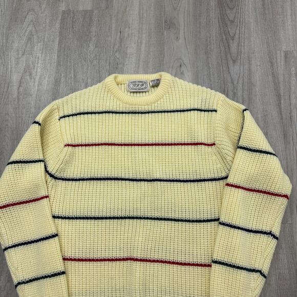 Vintage Plenge Trading Sweater Men's Large Cream Striped Knit Crewneck 90s - Picture 2 of 6
